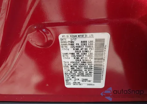 2017 Nissan Rogue Sv z USA, uszkodzony, nr VIN JN8AT2MT7HW393925